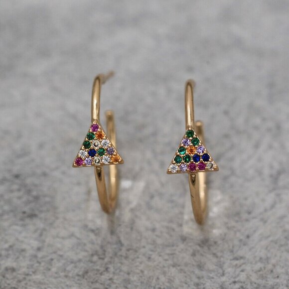 18K Yellow Gold Filled Bohemian Triangle Colorful Diamond Zircon Hoop Earrings - Picture 3 of 3